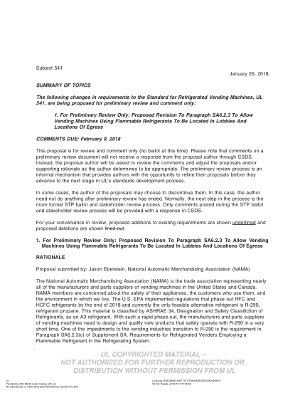 UL 541 BULLETIN-2018  Ul Standard For Safety Refrigerated Vending Machines (Comments Due: February 9, 2018)