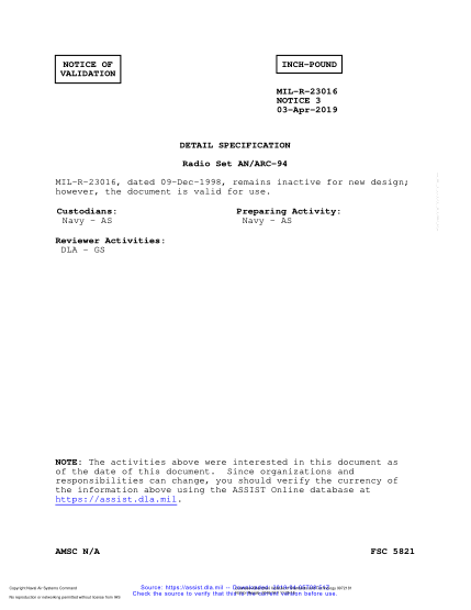 NAVY MIL-R-23016 VALID NOTICE 3-2019  Radio Set An/Arc-94