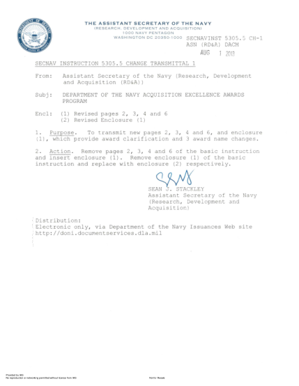 NIDS SECNAV 5305.5 CH-1-2013  (Asn (Rd&A) Dacm) Department Of The Navy Acquisition Excellence Awards Program