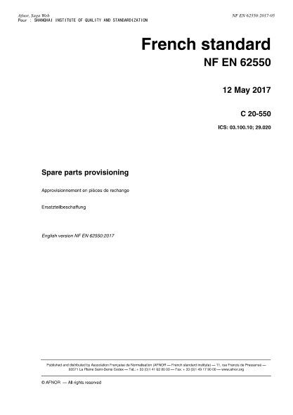 NF C20-550-2017   Spare parts provisioning