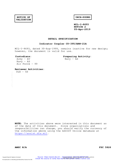 NAVY MIL-I-8693 VALID NOTICE 2-2019  Indicator Coupler Cu-395/Arn-21A