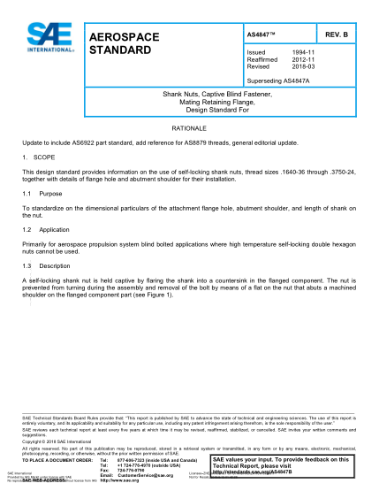 SAE AS4847B-2018  Shank Nuts,Captive Blind Fastener,Mating Retaining Flange,Design Standard For