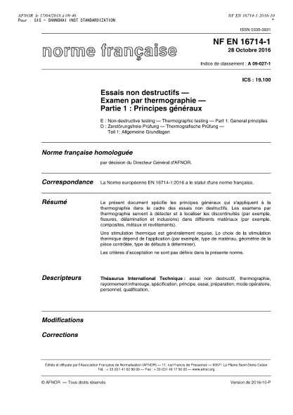 NF A09-027-1-2016   Non-destructive testing - Thermographic testing - Part 1 - general principles