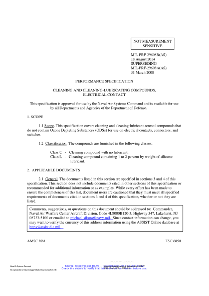 NAVY MIL-PRF-29608B-2014  Cleaning And Cleaning-Lubricating Compounds,Electrical Contact