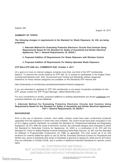 UL 430 BULLETIN-2017   UL Standard for Safety Waste Disposers (COMMENTS DUE: October 2, 2017)