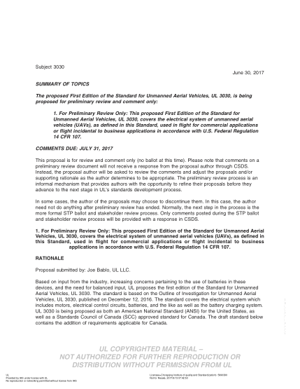 UL 3030 BULLETIN-2017   UL Outline For Investigation Unmanned Aerial Vehicles (Comments Due: July 31, 2017)