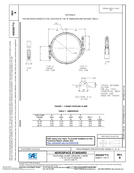 SAE AS5355/3B-2017  Couplings,Clamp,Grooved,V-Band,1.75 To 14.25 Flange Od (-65 To 1200 °F)