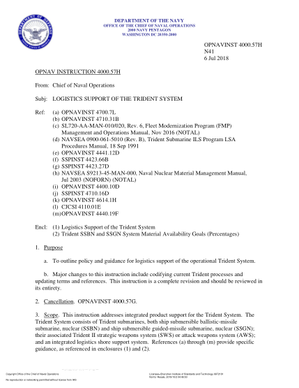 NIDS OPNAV 4000.57H-2018  (N41) Logistics Support Of The Trident System