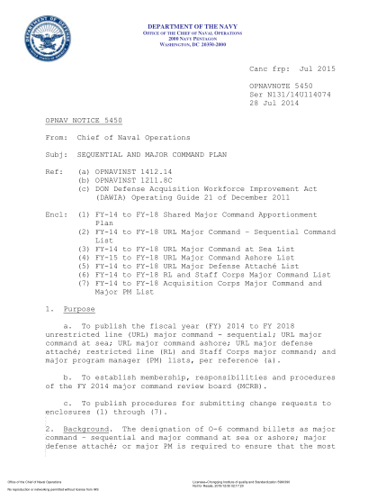 NIDS OPNAV NOTE 5450 14U114074-2014  (Ser N131/14U114074) Sequential And Major Command Plan