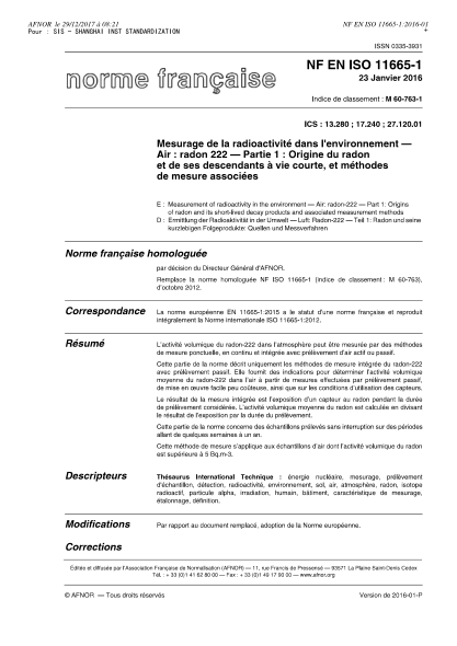 NF EN ISO 11665-1-2016   Measurement of radioactivity in the environment - Air - radon-222 - Part 1 - origins of radon and its short-lived decay products and associated measurement methods