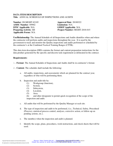 NAVY DI-MGMT-82185-2018  Annual Schedule Of Inspections And Audits