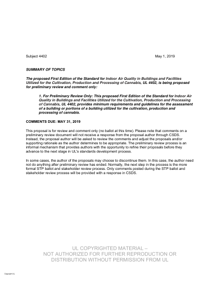 UL 4402 BULLETIN-2019  UL Standard For Safety Indoor Air Quality In Buildings And Facilities Utilized For The Cultivation, Production And Processing Of Cannabis (Comments Due: May 31, 2019)