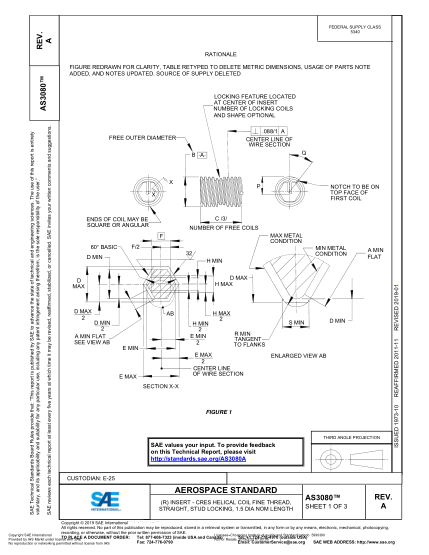 SAE AS3080A-2019  (R) Insert - Cres Helical Coil Fine Thread, Straight, Stud Locking, 1.5 Dia Nom Length