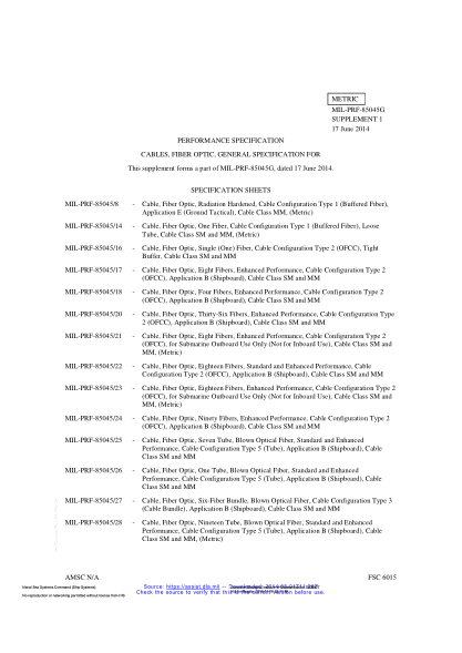 NAVY MIL-PRF-85045 G SUPP 1-2014  CABLES, FIBER OPTIC, GENERAL SPECIFICATION FOR