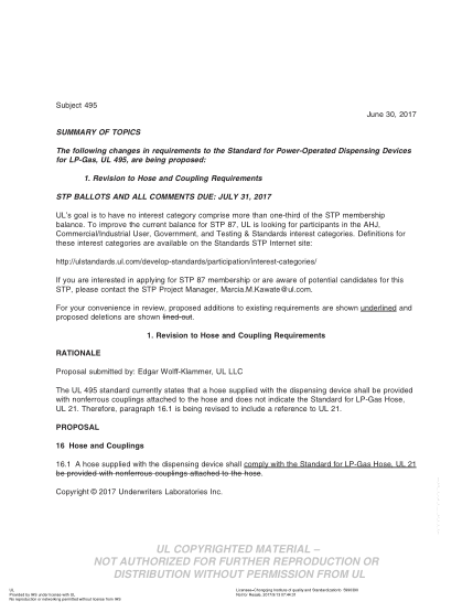 UL 495 BULLETIN-2017   Ul Standard For Safety Power-Operated Dispensing Devices For Lp-Gas (Comments Due: July 31, 2017)