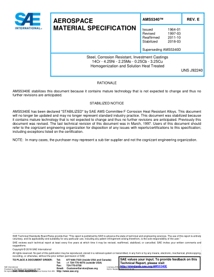 SAE AMS5340E-2018  Steel,Corrosion Resistant,Investment Castings 14Cr - 4.25Ni - 2.25Mo - 0.25Cb - 3.25Cu Homogenization And Solution Heat Treated (Uns J92240)