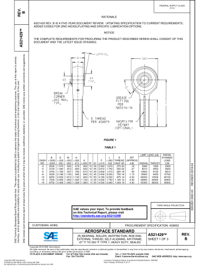 SAE AS21429B-2018  (R) Bearing,Roller,Antifriction,Rod End,External Thread,Self-Aligning,Air Frame,-67 °F To 350 °F Type 1,Heavy Duty,Sealed