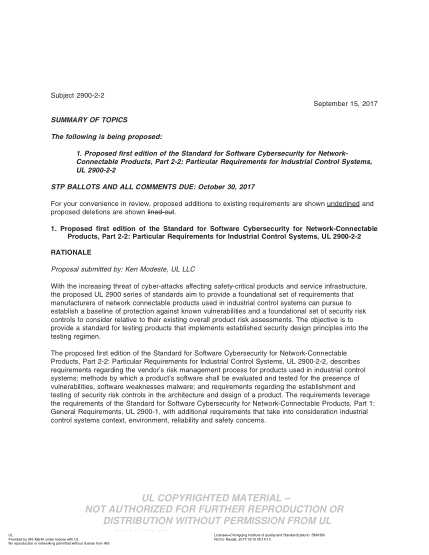 UL 2900-2-2 BULLETIN-2017   UL Standard for Safety Technical Panel for Software Cybersecurity for Network-Connectable Products (COMMENTS DUE:October 30,2017)