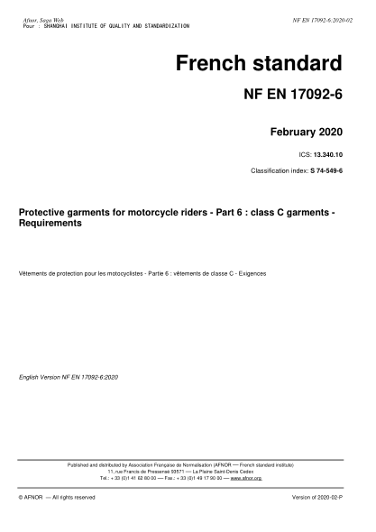 NF EN 17092-6-2020  Protective garments for motorcycle riders - Part 6 : class C garments - Requirements