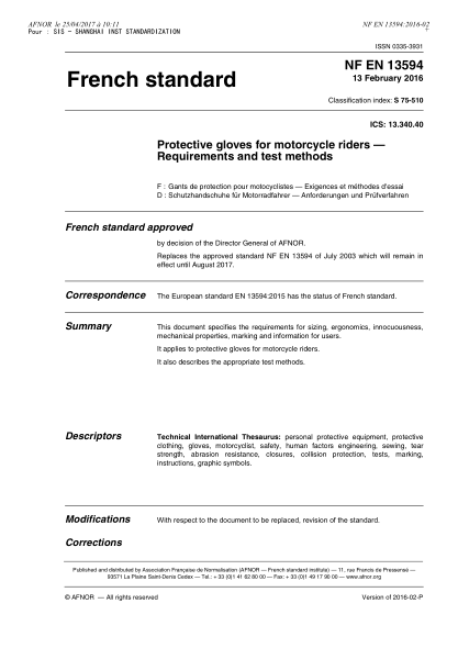 NF EN 13594-2016   Protective gloves for professional motorcycle riders - Requirements and test methods