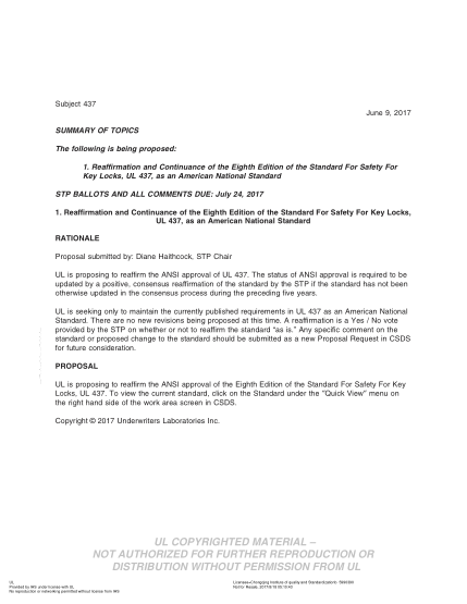 UL 437 BULLETIN-2017   Ul Standard For Safety Key Locks (Comments Due: July 24, 2017)