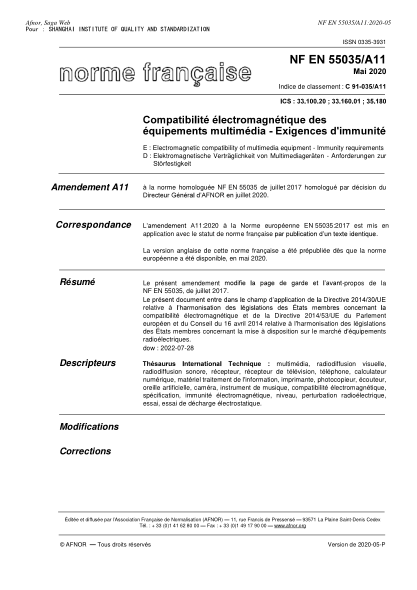 NF C91-035/A11-2020  Electromagnetic compatibility of multimedia equipment - Immunity requirements
