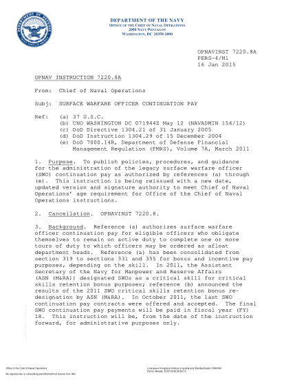 NIDS OPNAV 7220.8A-2015  (Pers-4/N1) Surface Warfare Officer Continuation Pay