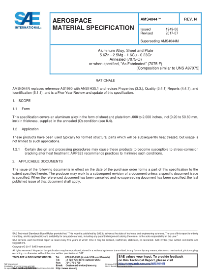 SAE AMS4044N-2017  Aluminum Alloy,Sheet And Plate 5.6Zn - 2.5Mg - 1.6Cu - 0.23Cr Annealed (7075-O) Or When Specified,As Fabricated (7075-F) (Uns A97075)