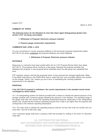 UL 2127 BULLETIN/2-2018  UL Standard For Safety Inert Gas Clean Agent Extinguishing System Units (Comments Due: April 2, 2018)