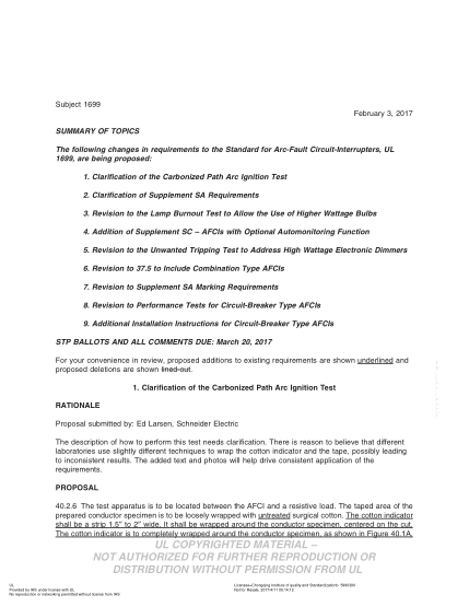 UL 1699 BULLETIN-2017   UL Standard For Safety Arc-Fault Circuit-Interrupters (Comments Due: March 20, 2017)