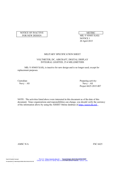 NAVY MIL-V-85603/3 NOTICE 1-2015  Voltmeter,Dc,Aircraft,Digital Display Integral Lighted,25.4 Millimeters