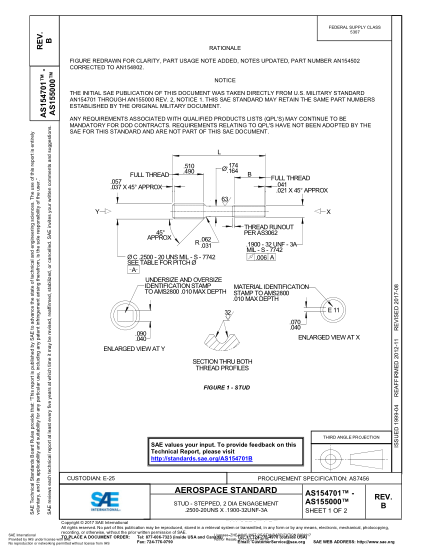 SAE AS154701 THRU AS155000B-2017  Stud - Stepped,2 Dia Engagement .2500-20Uns X .1900-32Unf-3A
