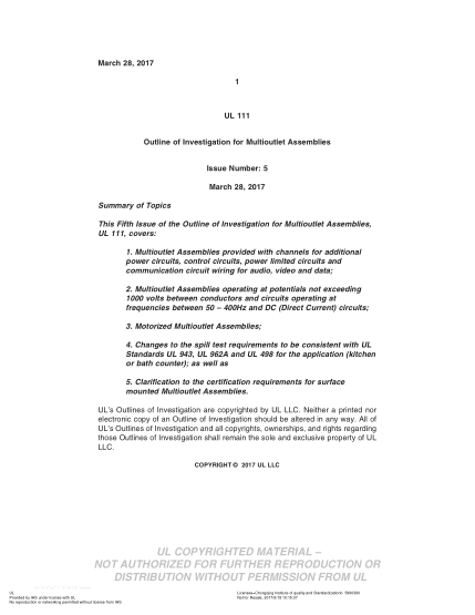 UL SUBJECT 111-2017   Outline Of Investigation For Multioutlet Assemblies (Issue 5)