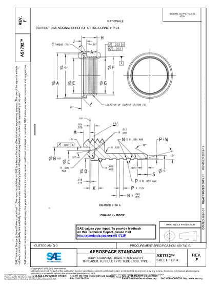 SAE AS1732F-2019  BODY, COUPLING, RIGID, FIXED CAVITY, THREADED, FERRULE TYPE TUBE ENDS, TYPE I