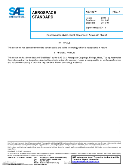 SAE AS7413A-2019  Coupling Assemblies, Quick Disconnect, Automatic Shutoff