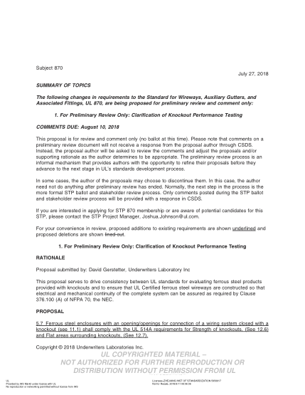 UL 870 BULLETIN-2018  UL Standard For Safety Wireways, Auxiliary Gutters, And Associated Fittings (Comments Due: August 10, 2018)