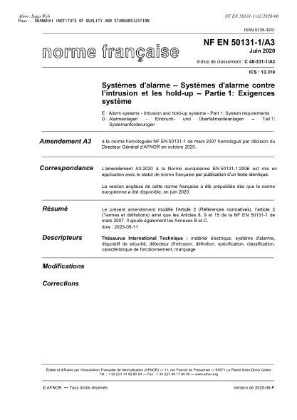 NF C48-331-1/A3-2020  Alarm systems - Intrusion and hold-up systems - Part 1 : system requirements