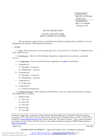NAVY MIL-DTL-18110G-2018  Valves,Gate Type,Steel Sizes 2? Inches To 16 Inches)