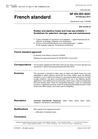 NF EN ISO 8331-2017   Rubber and plastics hoses and hose assemblies - Guidelines for selection, storage, use and maintenance