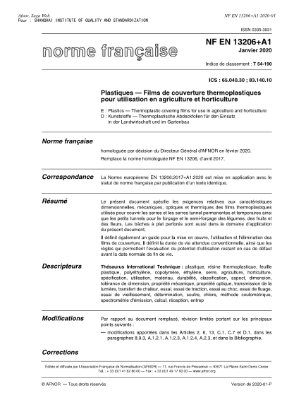 NF EN 13206+A1-2020  Plastics - Thermoplastic covering films for use in agriculture and horticulture