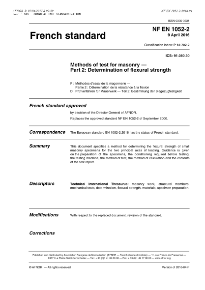 NF P12-702-2-2016   Methods of test for masonry - Part 2 - determination of flexural strength