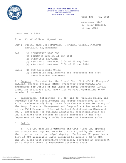 NIDS OPNAV NOTE 5200 14U101044-2014  (Ser Dns/14U101044) Fiscal Year 2014 Managers' Internal Control Program Reporting Requirements