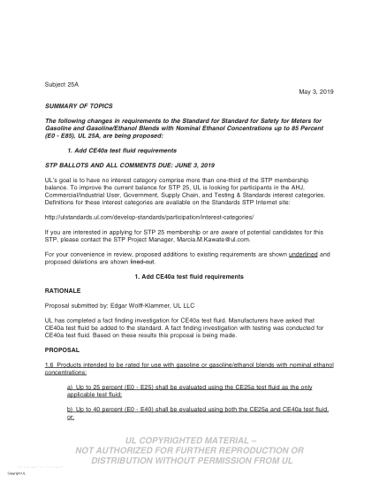 UL 25A BULLETIN-2019  UL Standard For Safety Meters For Gasoline And Gasoline/ Ethanol Blends With Nominal Ethanol Concentrations Up To 85 Percent (E0 - E85) (Comments Due:June 3, 2019)