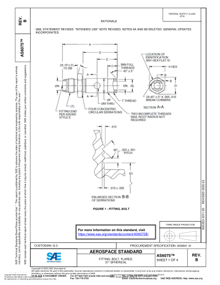 SAE AS6075B-2020  Fitting, Bolt, Flared, 37° Spherical