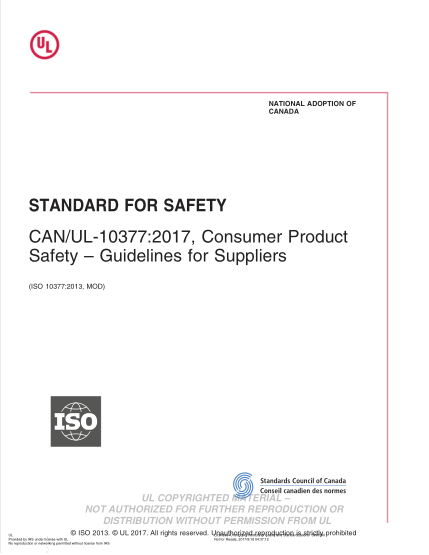 UL 10377-2017   Ul Standard For Safety Consumer Product Safety. Guidelines For Suppliers (First Edition)