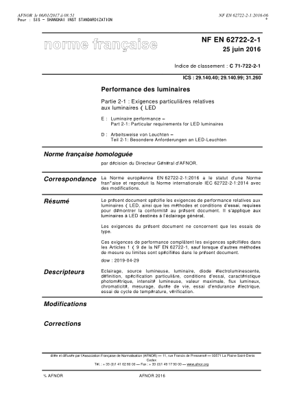 NF C71-722-2-1-2016   Luminaire performance - Part 2-1 - particular requirements for LED luminaires