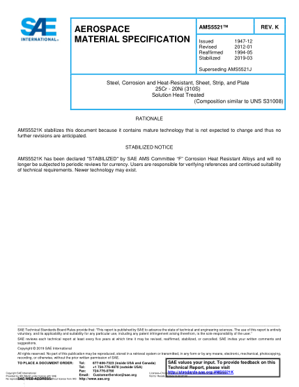 SAE AMS5521K-2019  Steel, Corrosion And Heat-Resistant, Sheet, Strip, And Plate 25Cr - 20Ni (310S) Solution Heat Treated (Uns S31008)