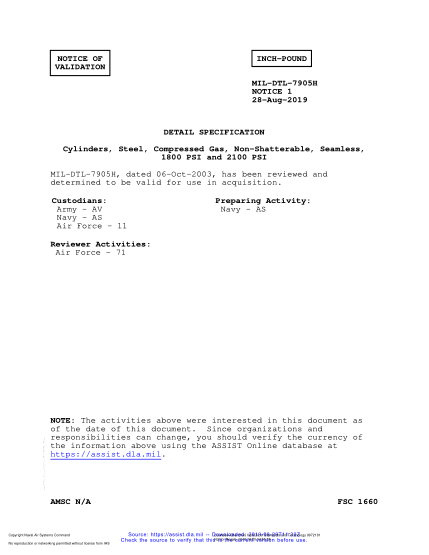 NAVY MIL-DTL-7905H VALID NOTICE 1-2019  Cylinders, Steel, Compressed Gas, Non-Shatterable, Seamless, 1800 Psi And 2100 Psi