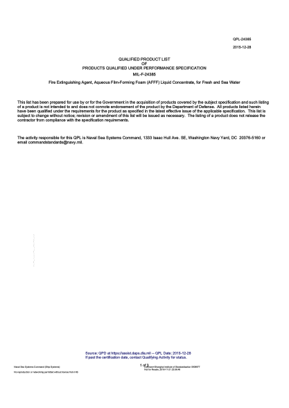 NAVY QPL-24385-2015  Fire Extinguishing Agent,Aqueous Film-Forming Foam (Afff) Liquid Concentrate,For Fresh And Sea Water