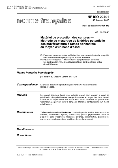NF U26-145-2016   Equipment for crop protection - Method for measurement of potential drift from horizontal boom sprayer by the use of a test bench